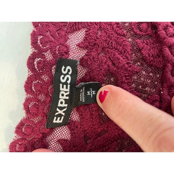 Express Sheer Lace Top Womens Medium Embroidered Whimsical Fairy Burgundy Blouse - Picture 9 of 12